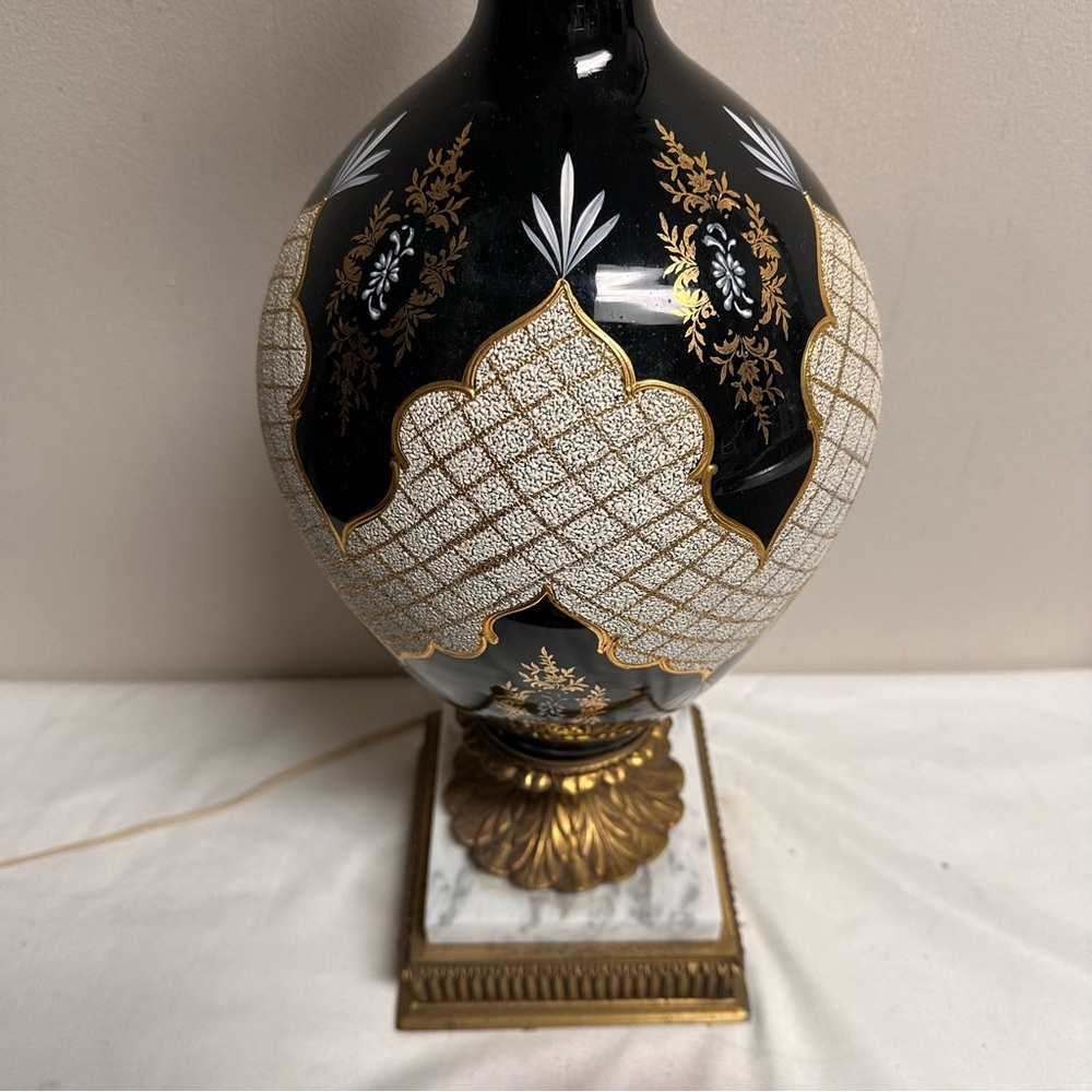 Hollywood Regency Tall Black Table Lamp Black Gold Ornate on Marble Base 36”H - Picture 3 of 8